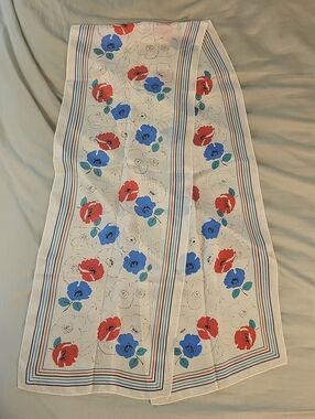 Vintage Silk Poppy Oblong Scarf Red White Blue Neckerchief